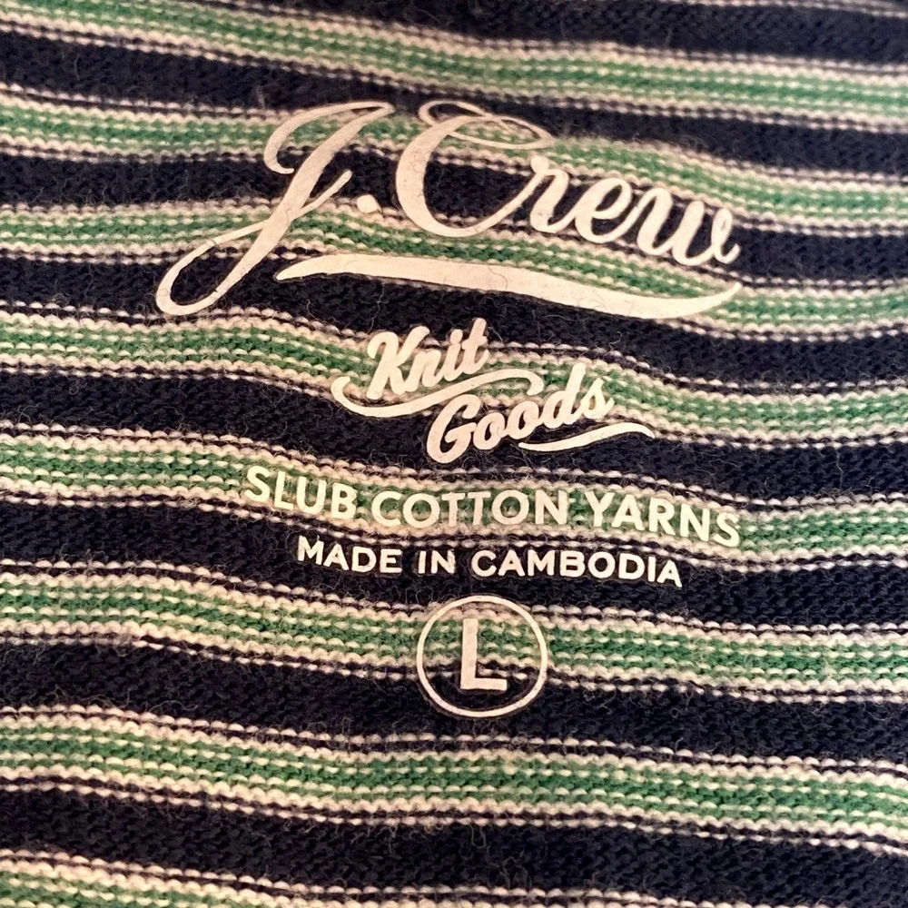 J‎ Crew Polo Shirt Mens Large Slub Cotton Yarns Navy Green Striped